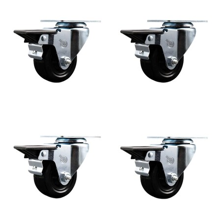 Service Caster 3'' Hard Rubber Wheel Swivel Top Plate Caster Set Posi Brake, 4PK SCC-20S314-HRS-PLB-4